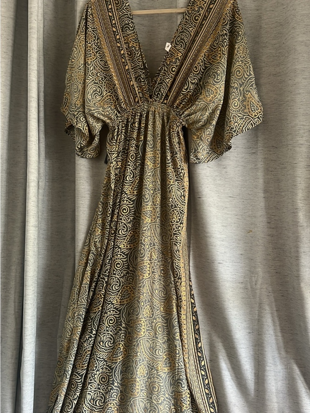Paisley V-Neck Maxi Dress in Olive and Gold